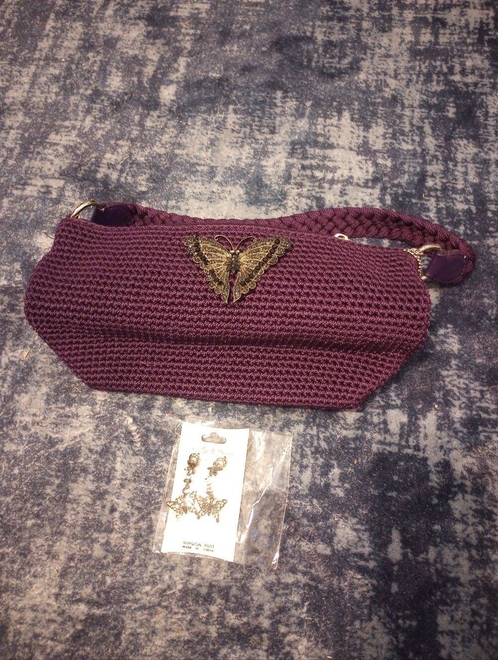 Purple Butterfly Accent Shoulder Bag w/ Matching‎ Earrings